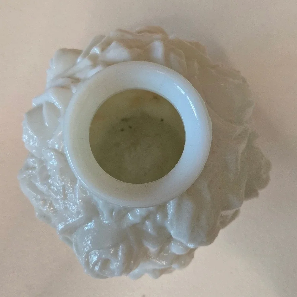 Vintage White Milk Glass Rose Bud Vase Embossed Floral Globe 4.5 inch